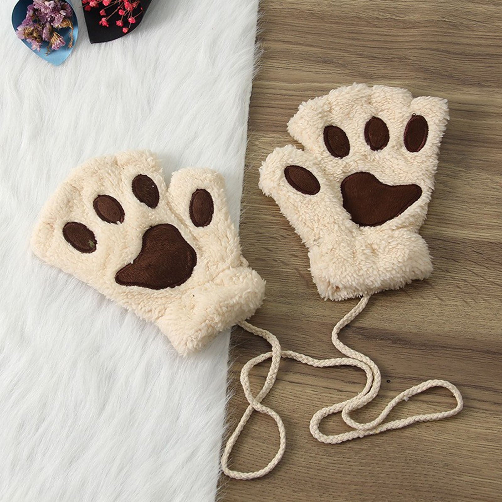 Cute Cat Paw Fluffy Claw Fingerless Gloves Warm Soft Plush Fingerless Panda Glove Half Finger Women Winter Wear Christmas Gifts