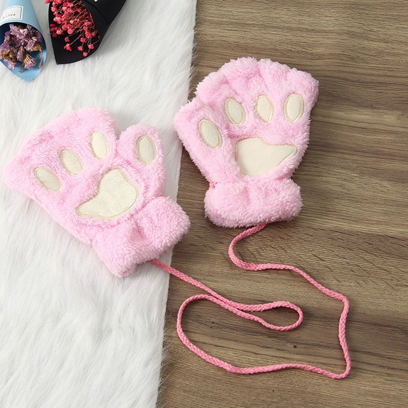 Cute Cat Paw Fluffy Claw Fingerless Gloves Warm Soft Plush Fingerless Panda Glove Half Finger Women Winter Wear Christmas Gifts