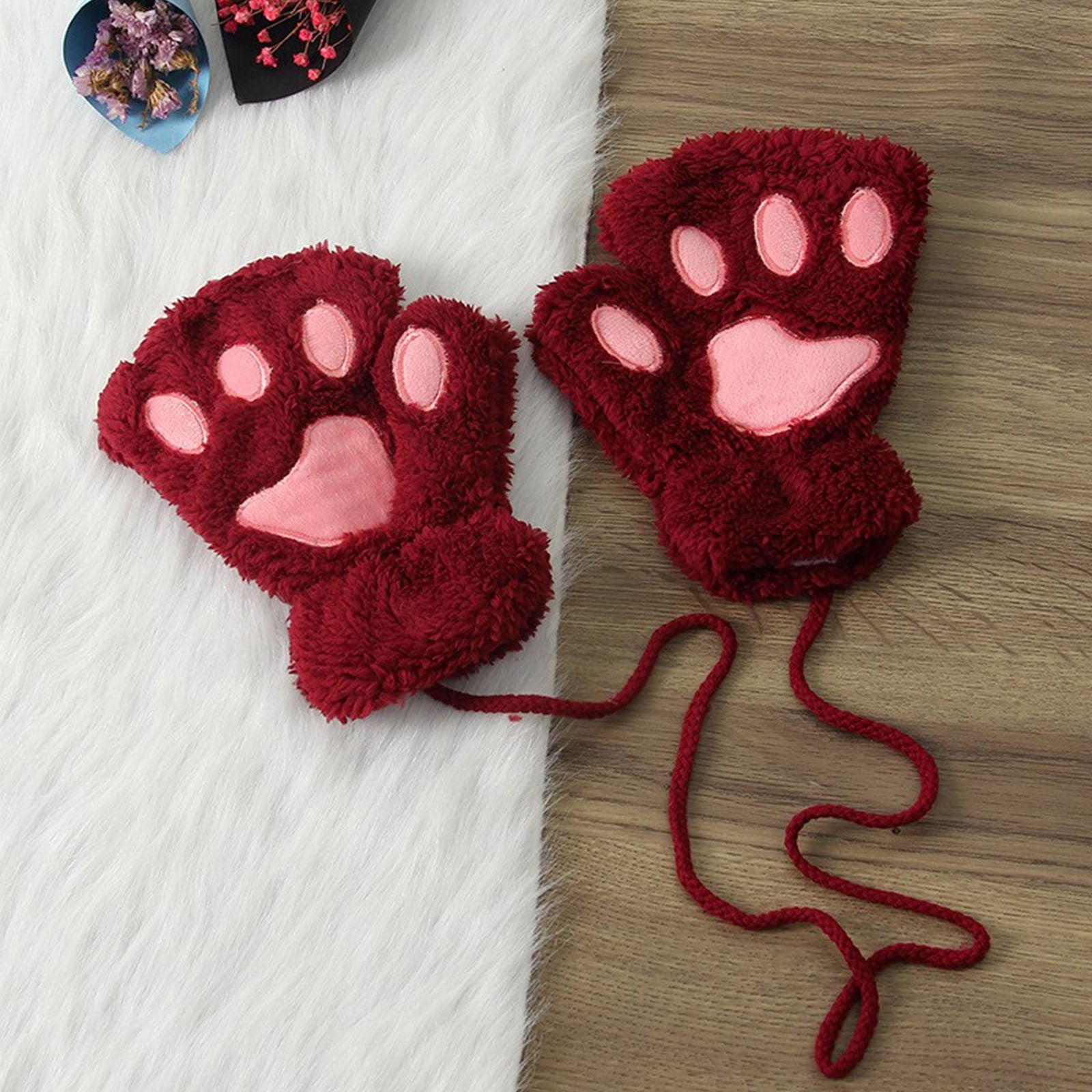 Cute Cat Paw Fluffy Claw Fingerless Gloves Warm Soft Plush Fingerless Panda Glove Half Finger Women Winter Wear Christmas Gifts