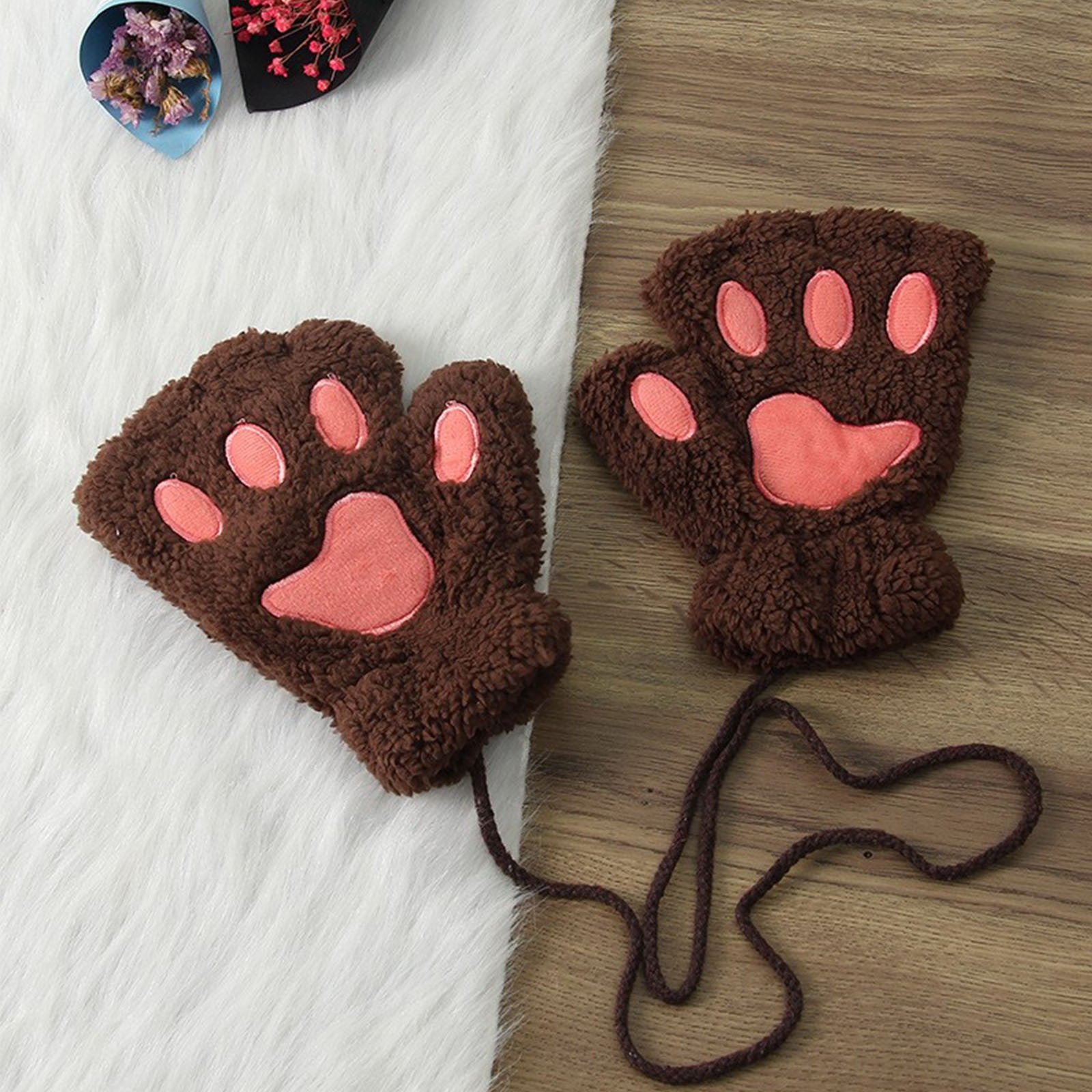 Cute Cat Paw Fluffy Claw Fingerless Gloves Warm Soft Plush Fingerless Panda Glove Half Finger Women Winter Wear Christmas Gifts