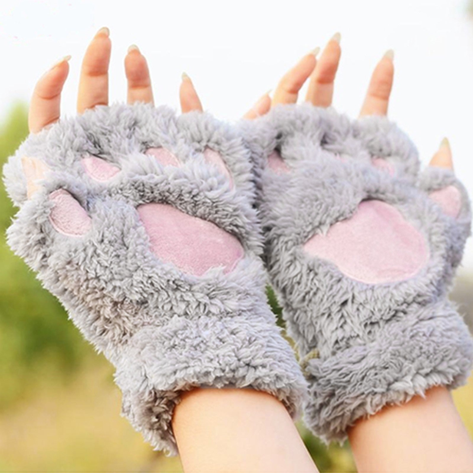 Cute Cat Paw Fluffy Claw Fingerless Gloves Warm Soft Plush Fingerless Panda Glove Half Finger Women Winter Wear Christmas Gifts