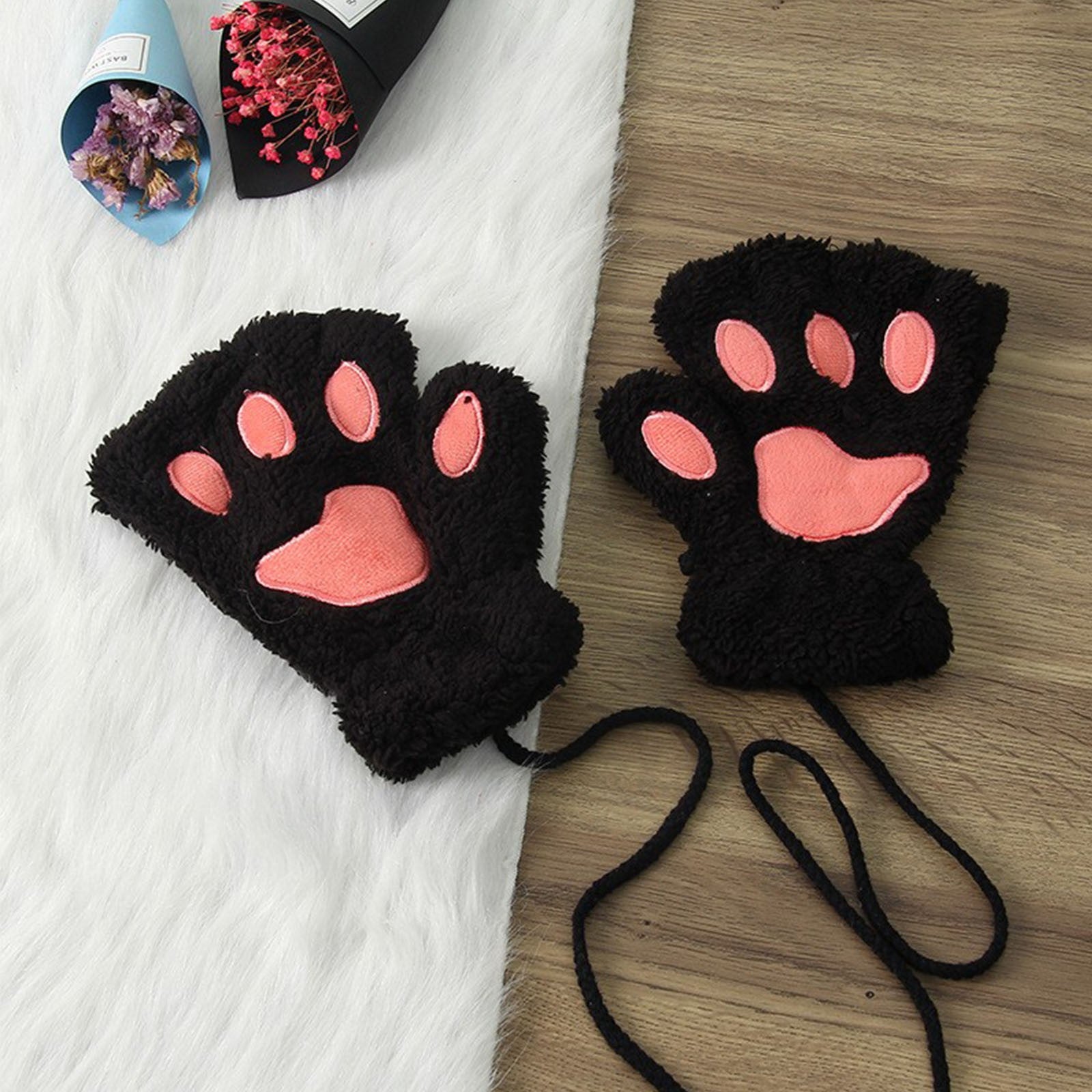 Cute Cat Paw Fluffy Claw Fingerless Gloves Warm Soft Plush Fingerless Panda Glove Half Finger Women Winter Wear Christmas Gifts