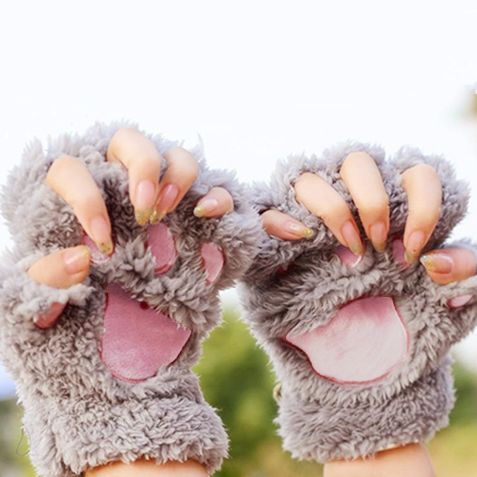 Cute Cat Paw Fluffy Claw Fingerless Gloves Warm Soft Plush Fingerless Panda Glove Half Finger Women Winter Wear Christmas Gifts