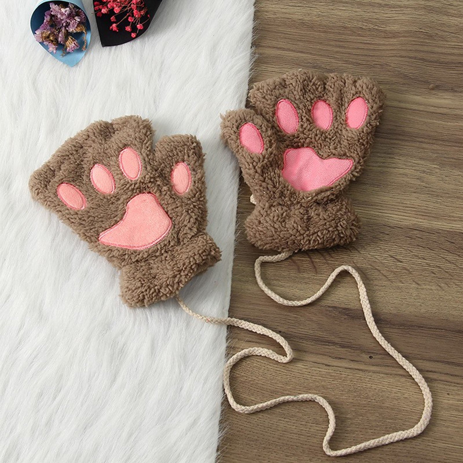 Cute Cat Paw Fluffy Claw Fingerless Gloves Warm Soft Plush Fingerless Panda Glove Half Finger Women Winter Wear Christmas Gifts