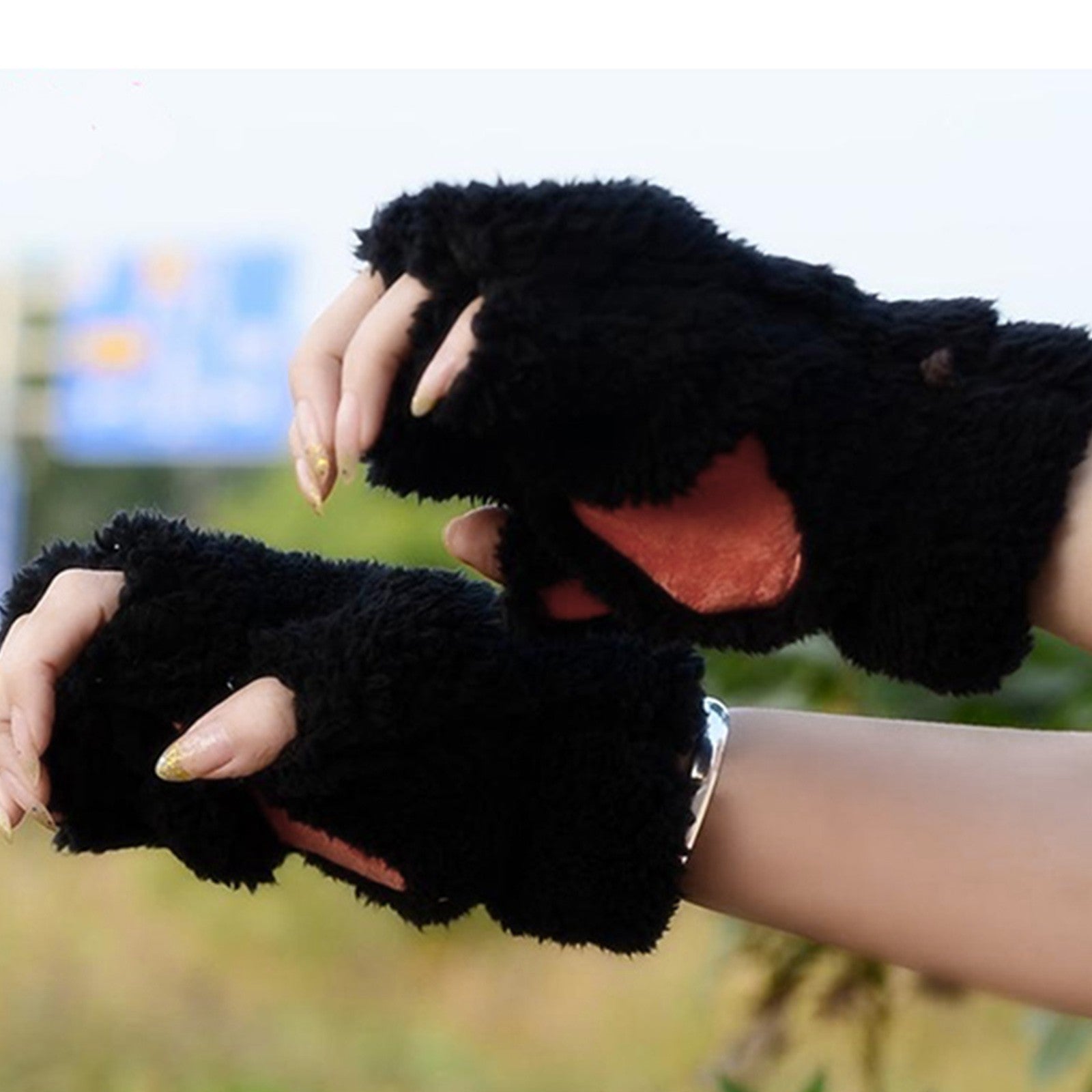 Cute Cat Paw Fluffy Claw Fingerless Gloves Warm Soft Plush Fingerless Panda Glove Half Finger Women Winter Wear Christmas Gifts