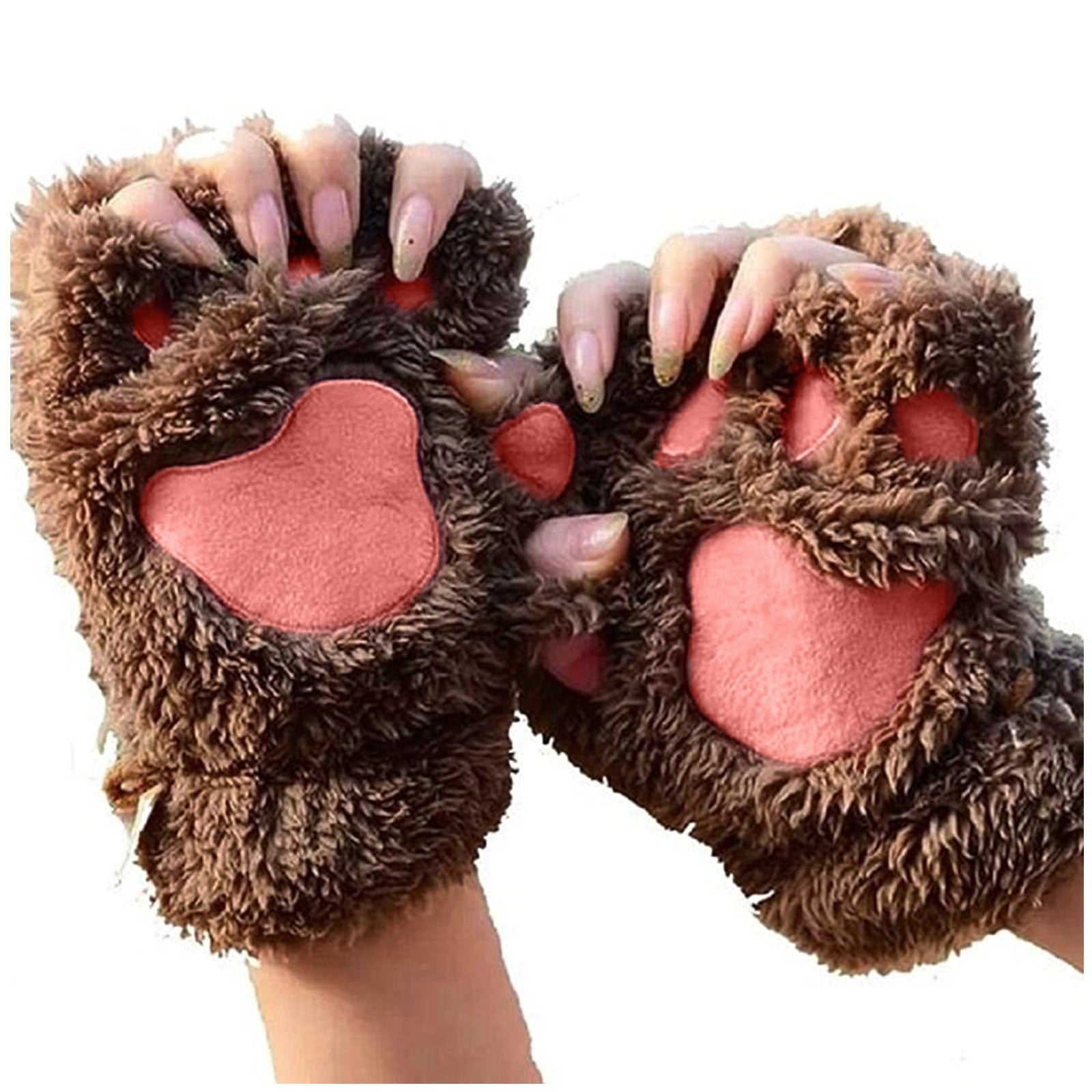 Cute Cat Paw Fluffy Claw Fingerless Gloves Warm Soft Plush Fingerless Panda Glove Half Finger Women Winter Wear Christmas Gifts