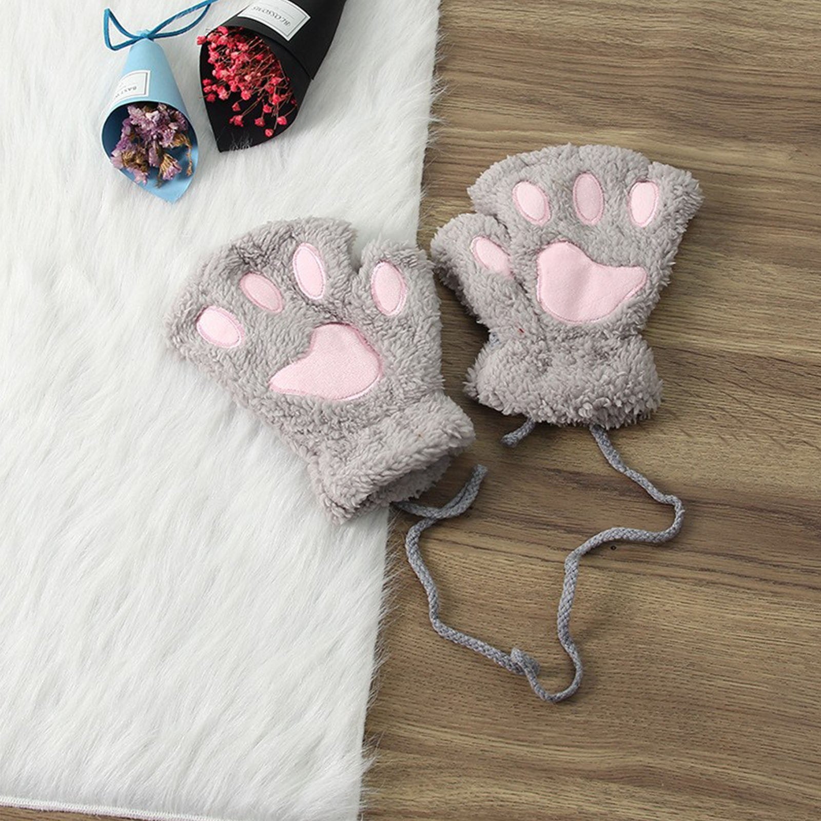 Cute Cat Paw Fluffy Claw Fingerless Gloves Warm Soft Plush Fingerless Panda Glove Half Finger Women Winter Wear Christmas Gifts