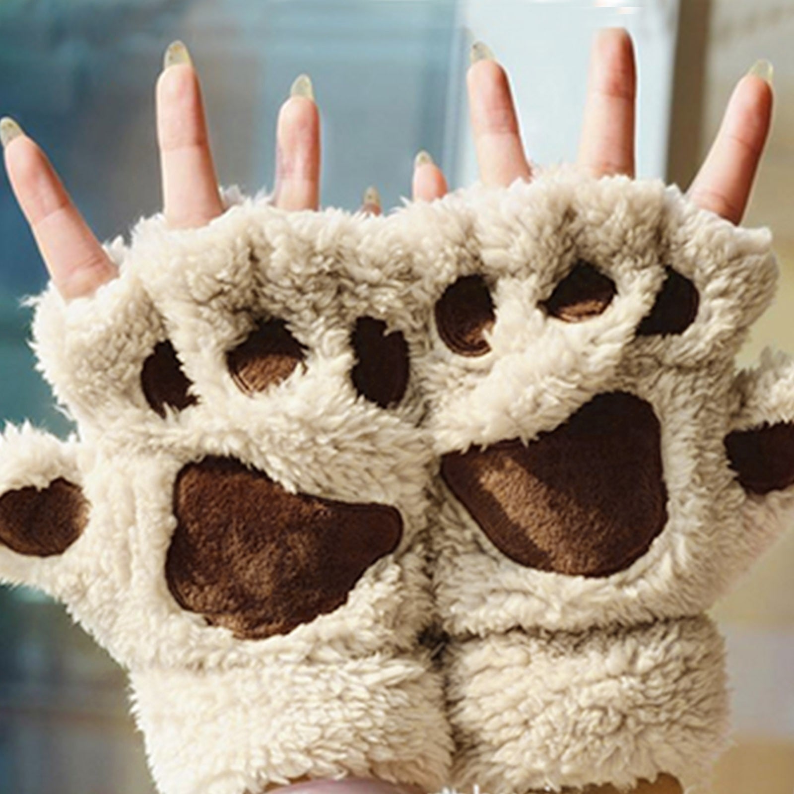 Cute Cat Paw Fluffy Claw Fingerless Gloves Warm Soft Plush Fingerless Panda Glove Half Finger Women Winter Wear Christmas Gifts