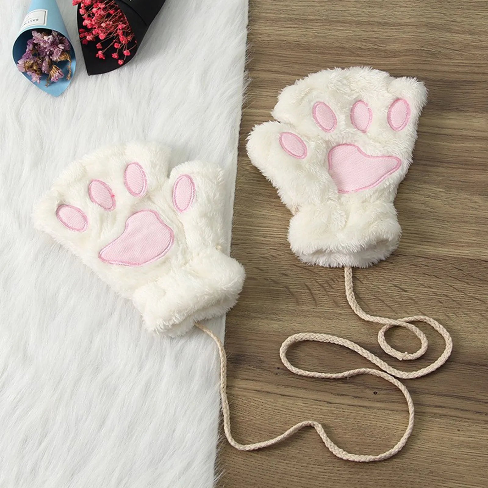 Cute Cat Paw Fluffy Claw Fingerless Gloves Warm Soft Plush Fingerless Panda Glove Half Finger Women Winter Wear Christmas Gifts