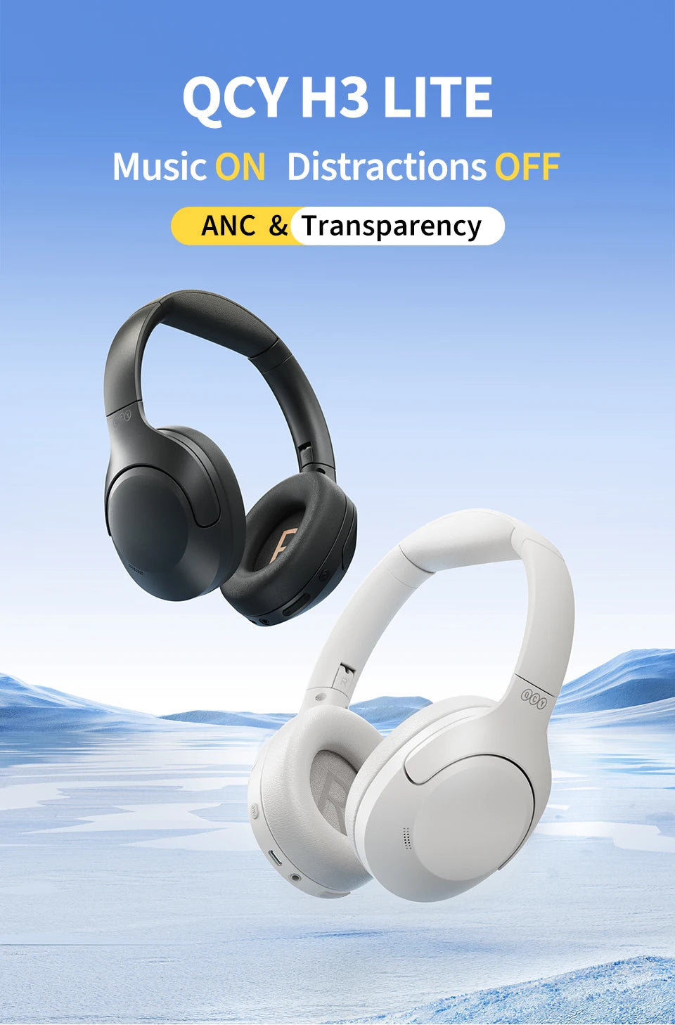 QCY H3 Lite ANC Wireless Headphones Bluetooth 5.3 40mm Driver HiFi Sound Earphones