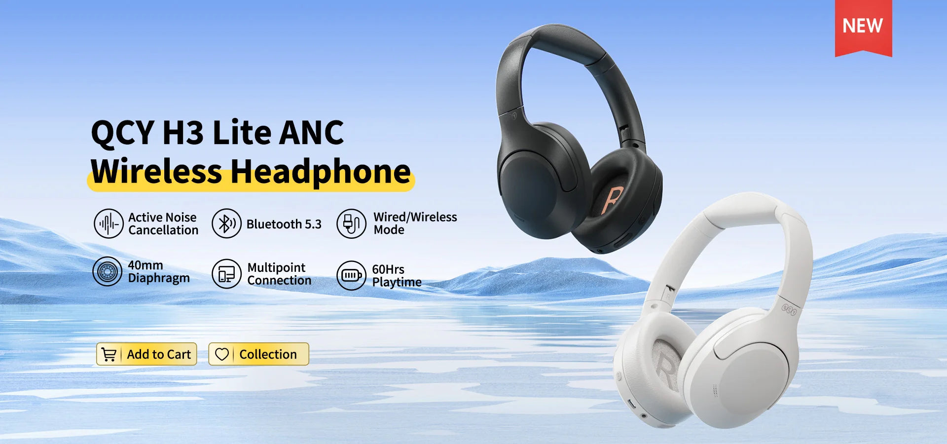 QCY H3 Lite ANC Wireless Headphones Bluetooth 5.3 40mm Driver HiFi Sound Earphones