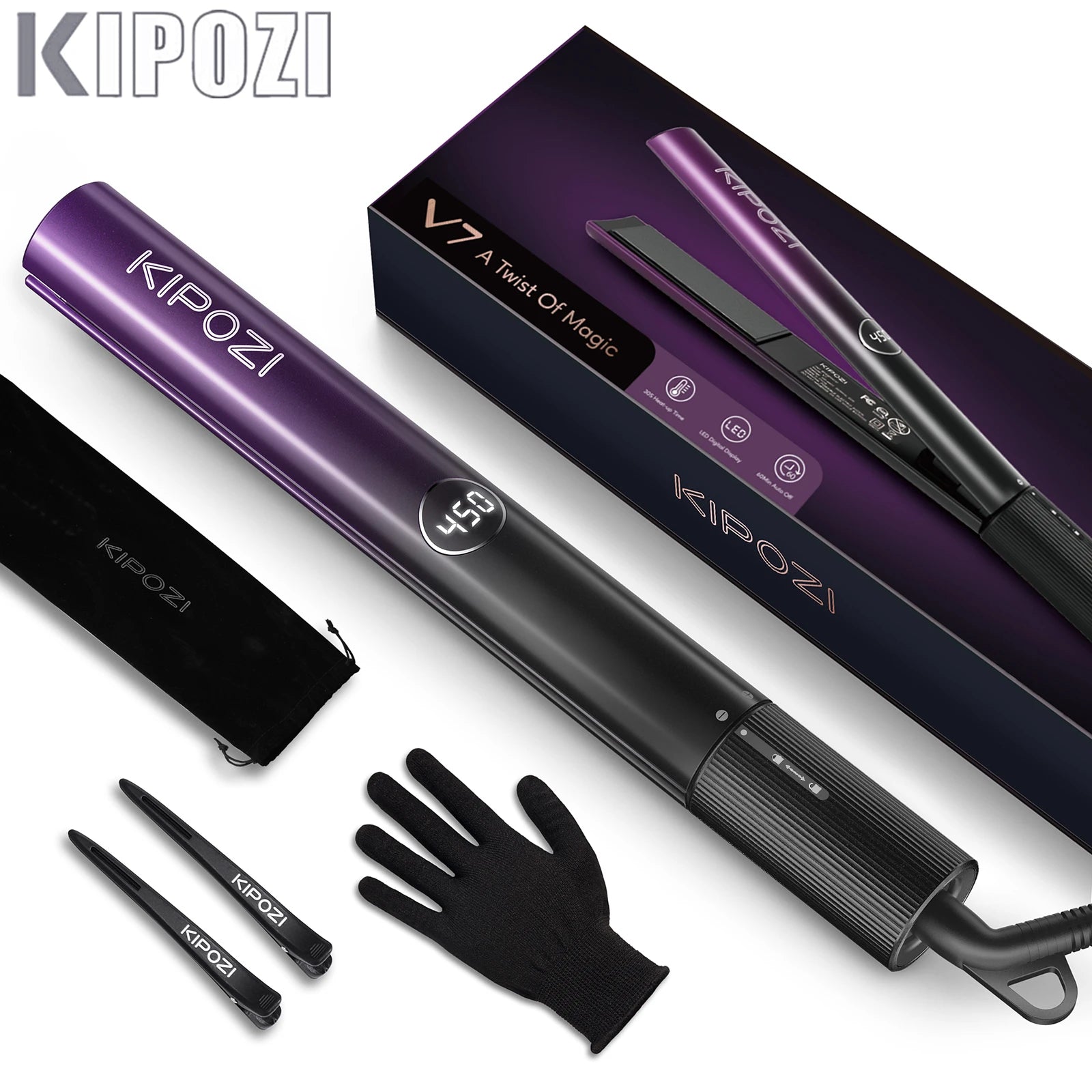 KIPOZI Luxury Hair Straightener 2 in 1 Flat Iron Curling Iron Nano Titanium Instant Heating Flat Iron with Digital LCD Display