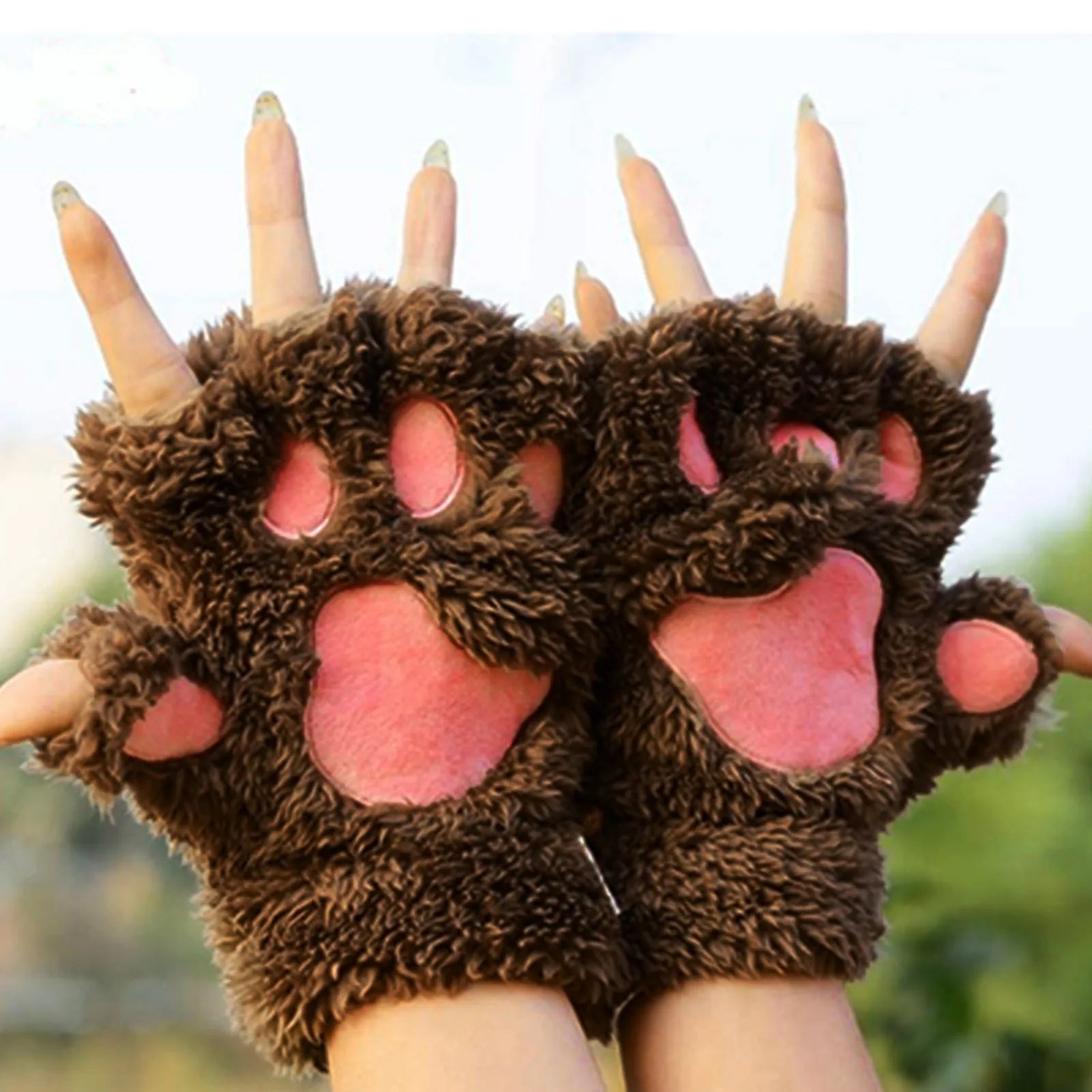 Cute Cat Paw Fluffy Claw Fingerless Gloves Warm Soft Plush Fingerless Panda Glove Half Finger Women Winter Wear Christmas Gifts